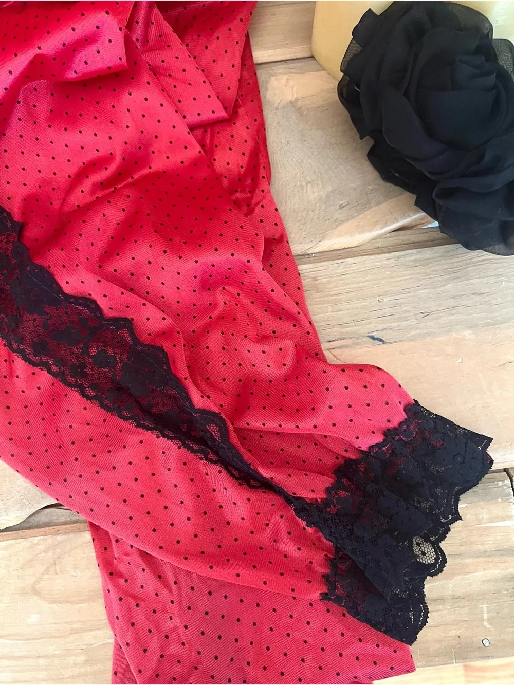 Vintage Petra Fashions Lingerie Babydoll Jumpsuit Red/Black Polka Dot Lace Trim
